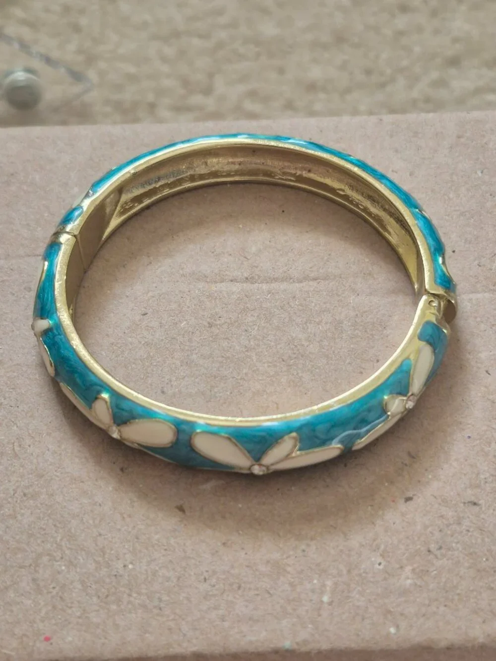 Aolani Turquoise Enamel Bangle Bracelet Plumeria Flower w/Cubic Zirconia Mint!